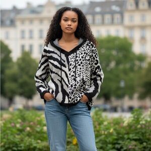 POL Animal‎ Print Zebra Cheetah Hoodie Sweater Black & White L